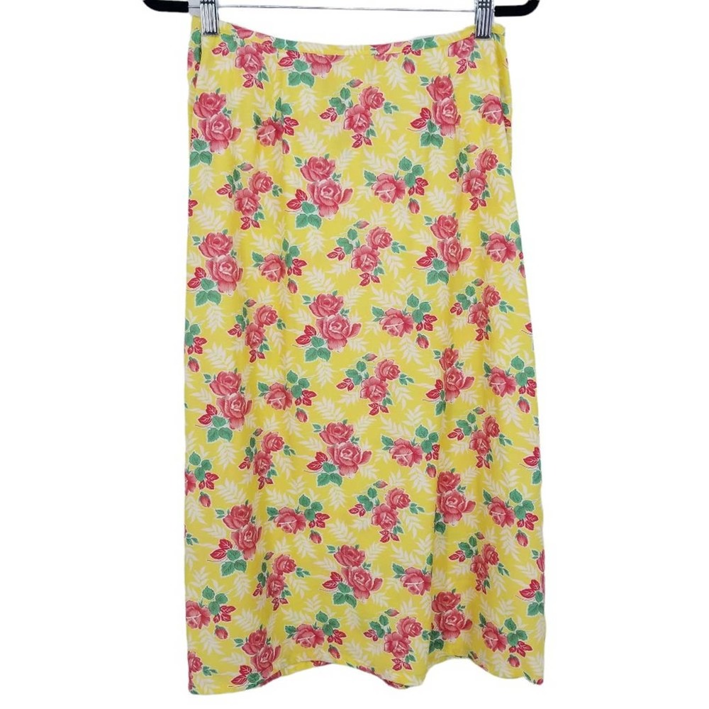 Vintage Liz Claiborne Rose Floral Midi Skirt Cottagecore 90s Yellow Rayon